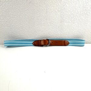 Talbots Striped Web Belt Womens L Blue Brown Leather Trim Solid Brass Coastal